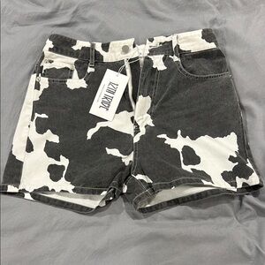 Zara Black and White Cow Print Denim Shorts